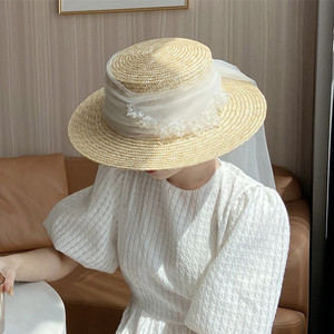 法式优雅平顶新娘礼帽白色头纱时尚影楼外景写真旅拍麦秆草帽女夏