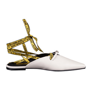 off white 白色半拖鞋女凉鞋尖头平底包头穆勒鞋绑带字母牛皮