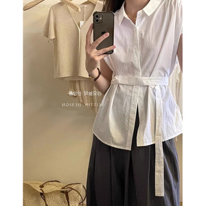 小飞袖白色衬衫女式夏季新款设计感小众薄款正肩纯棉收腰短袖上衣