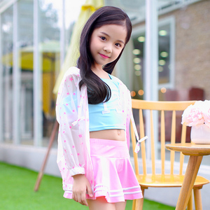 儿童泳衣女孩分体裙式带袖保守三件套中大童女童可爱泳装防晒套装