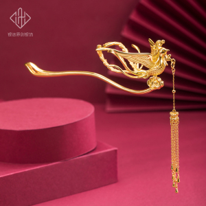 【金凤簪】纯银镀金凤凰发簪女鎏金汉服头饰步摇复古婚嫁婚礼凤钗