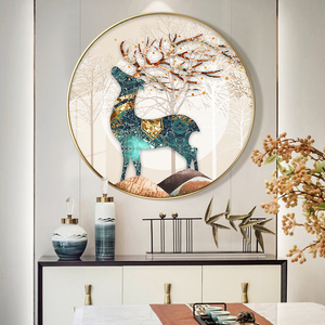 发财鹿玄关装饰画轻奢简约现代北欧风圆形挂画客厅欧式背景墙壁画