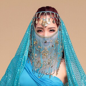 西域头纱女古风异域风情印度肚皮舞面纱亮点头饰舞蹈配饰珠绣遮面