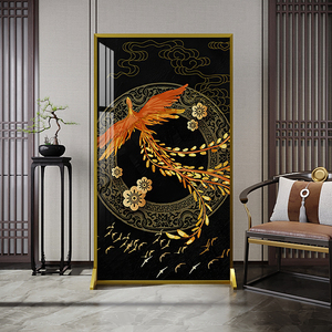 新中式屏风带灯隔断装饰客厅玄关卧室轻奢展厅铝合金凤凰神兽座屏