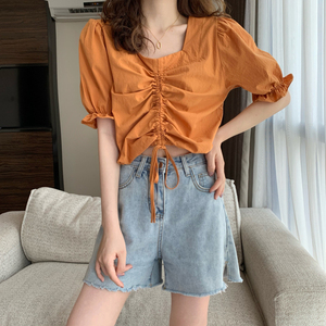 夏季新款设计感方领抽绳泡泡短袖正肩t恤女短款洋气卡腰小衫上衣