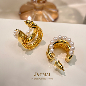 法式小众编织珍珠圈圈耳钉女c型气质高级感复古耳环镀18K金耳饰品