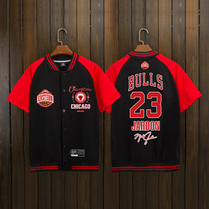 春季运动乔丹23号公牛队出场棒球衫篮球服外套男美式短袖开衫球衣