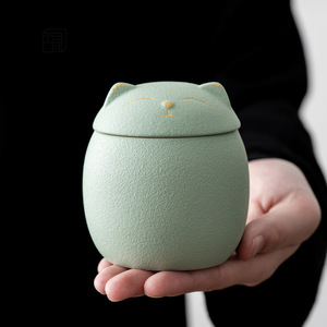 小猫茶叶罐陶瓷可爱萌猫咪储物罐子防潮密封粗陶罐创意个性小茶仓