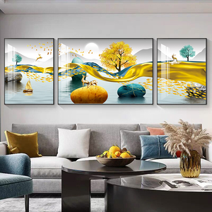 现代简约客厅装饰画沙发背景墙壁画石来运转晶瓷挂画三联轻奢挂画