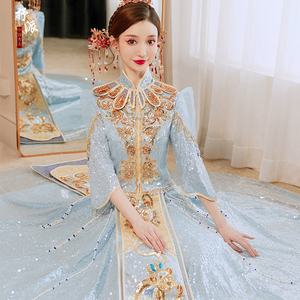 冰蓝色秀禾服新娘2022新款夏季薄款结婚奢华修身敬酒服中式礼服女