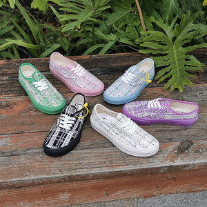 白万斯小香风粗花呢子白色蓝色黑色紫色粉色绿色低帮板鞋女帆布鞋