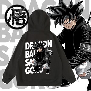 日系欧美街头联名潮牌龙珠联名悟空贝吉塔周边秋冬加绒套头卫衣男