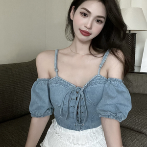 牛仔吊带背心女外穿夏季设计感小众泫雅风性感辣妹短款泡泡袖上衣