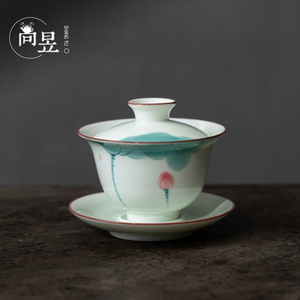 景德镇粉青手绘三才盖碗茶杯功夫茶碗单个不烫手陶瓷泡茶荷花茶具