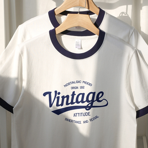 美式复古vintage 原创重磅纯棉撞色印花短袖t恤男女休闲宽松上衣