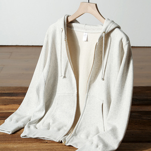 奶奶灰 莫奈灰400g重磅纯棉百搭拉链连帽卫衣女纯色简约休闲外套