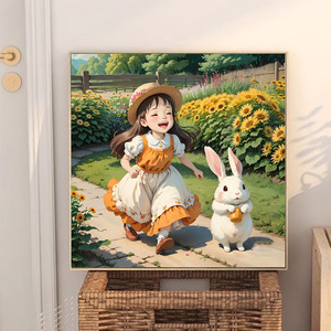 兔子小女孩diy数字油画向日葵填色填充治愈解闷手工画涂色油彩画