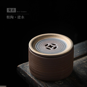 中式粗陶茶渣缸大号茶洗带盖建水仿柴烧茶水盆陶瓷干泡台壶承茶盂
