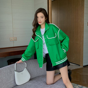 2022春秋新款韩版宽松中长款绿色时尚休闲夹克运动棒球服薄外套女
