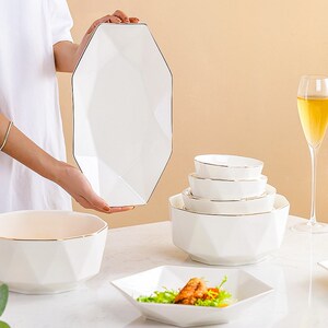 简约创意北欧菱形金边陶瓷盘碗碟勺 酒店家居餐饮厅餐具居家日用