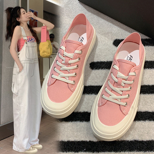 粉色帆布鞋女2022年新百搭松糕厚底休闲板鞋春夏季增高休闲饼干鞋