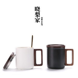 欧式创意木手柄咖啡杯子不锈钢轻奢水杯子情侣陶瓷马克杯定制logo