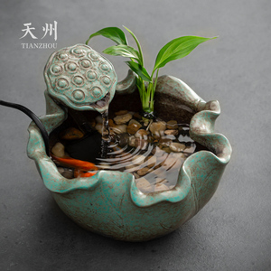 天州 陶瓷茶宠摆件流水莲花鱼缸家用客厅景观小装饰品
