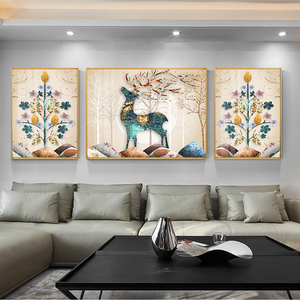 晶瓷晶钻画三联组合沙发背景墙客厅装饰画现代简约北欧吉祥鹿挂画