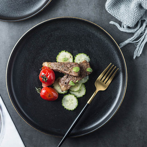 北欧金边牛排盘子西餐盘网红陶瓷盘黑磨砂平盘意面牛扒盘酒店餐厅