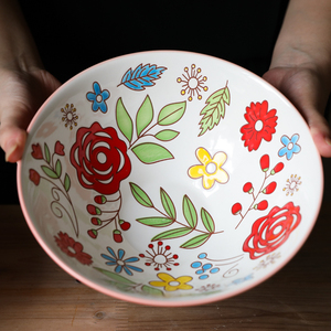 匠心艺术出口美国陶瓷手绘釉下彩立体花卉纹理鲜艳大碗/汤碗面碗