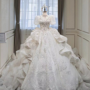 高定婚纱2024新款新娘高级质感重工奢华大拖尾白色小个子法式主纱