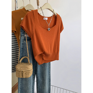 橘色方领短袖t恤女夏季短款小个子正肩毛衣小飞袖上衣羊毛针织衫