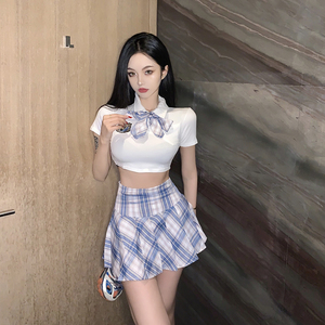 辣妹学院风套装裙少女polo衫短款性感露腰jk格子百褶裙两件套夏季