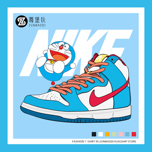 aj1北卡蓝哆啦a梦联名短袖t恤男潮牌潮流纯棉机器猫印花半袖