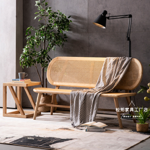 实木长椅沙发椅民宿家具阳台休闲椅长凳客厅三人沙发ins网红藤椅