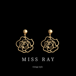 MissRay复古宫廷镂空哑金质感大玫瑰花纯银针耳环高级感百搭耳夹
