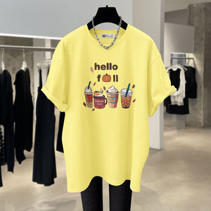 柠檬黄圆领短袖t恤女夏纯棉2024新款雪糕图案韩版宽松中长款上衣