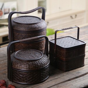 传统多层食盒中式仿古代竹编商用送餐送饭篮子手提多层饼盒水果篮