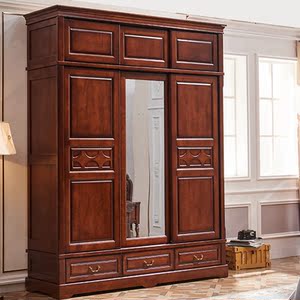 美式推拉门衣柜 三门趟门雕花2米储物家用小户型实木滑门大衣橱