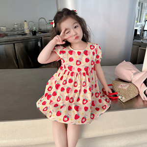 幼儿草莓裙子夏装韩版小女孩短袖公主裙棉布裙新款宝宝甜美连衣裙