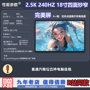 18寸2K240HZ便携显示器液晶屏幕16寸240hz便携屏夜景显示器拓展屏