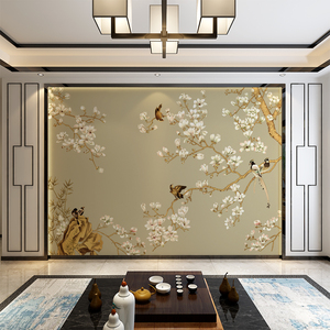 新中式墙布客厅卧室电视背景墙壁纸现代简约手绘花鸟墙纸装饰壁画