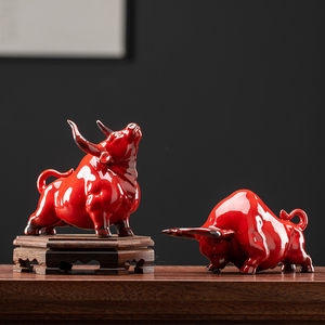 创意陶瓷红色牛年吉祥物茶宠摆件招财牛气冲天茶室茶桌装饰品摆设