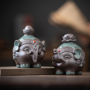 陶瓷大象茶宠摆件创意哥窑吉象开片精品可养茶台茶桌装饰品茶配件