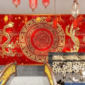 喜庆喜宴龙凤呈祥壁画婚庆酒店酒楼背景墙纸饭店大厅红色双喜壁纸