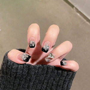 秋冬黑色法式短款方形爆闪水钻显白假指甲贴手工光疗穿戴美甲甲片