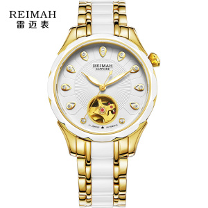 雷迈表reimah手表自动机械表女士腕表间陶瓷带镂空孔雀字钉8068l