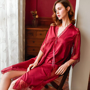 泰吉狮性感睡衣女情趣挑逗长款开叉午夜魅力深vv领诱惑红色长睡裙