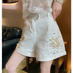 欧洲站重工钉珠短裤女2020夏季大码宽松显瘦港风带钻松紧腰热裤.