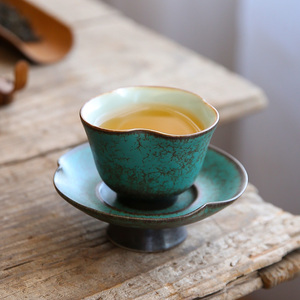 春澜茶杯 窑变复古绿釉主人杯陶瓷品茗杯茶具单杯粗陶中式带杯垫